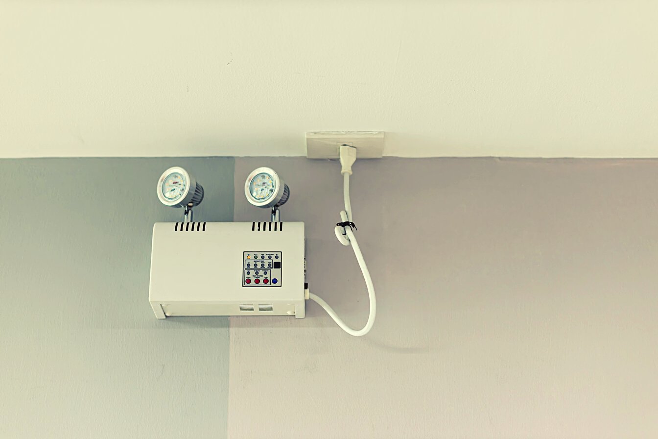 Emergency lights with two lamps.emergency light auto lighting working when power outage by battery.